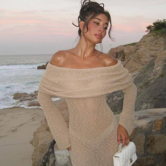 New One-Shoulder Knitted Long-Sleeved Dress Sexy Beach Holiday Long Dresses Womens Clothing