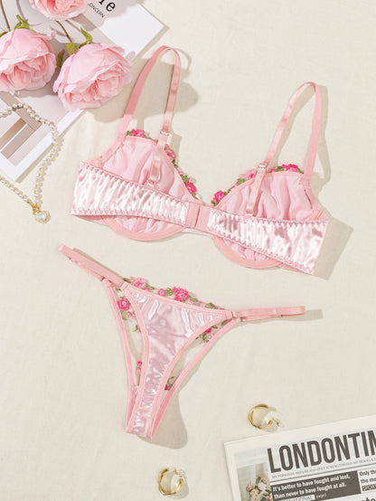 Summer Young Girls Floral Lingerie Hot Transparent Cheap Pink Lingerie Set Sexy Two Piece Bras Panty Brief Sets