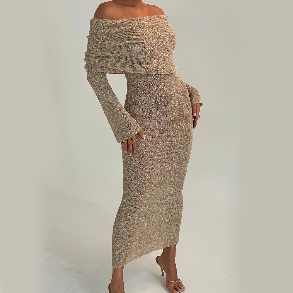 New One-Shoulder Knitted Long-Sleeved Dress Sexy Beach Holiday Long Dresses Womens Clothing