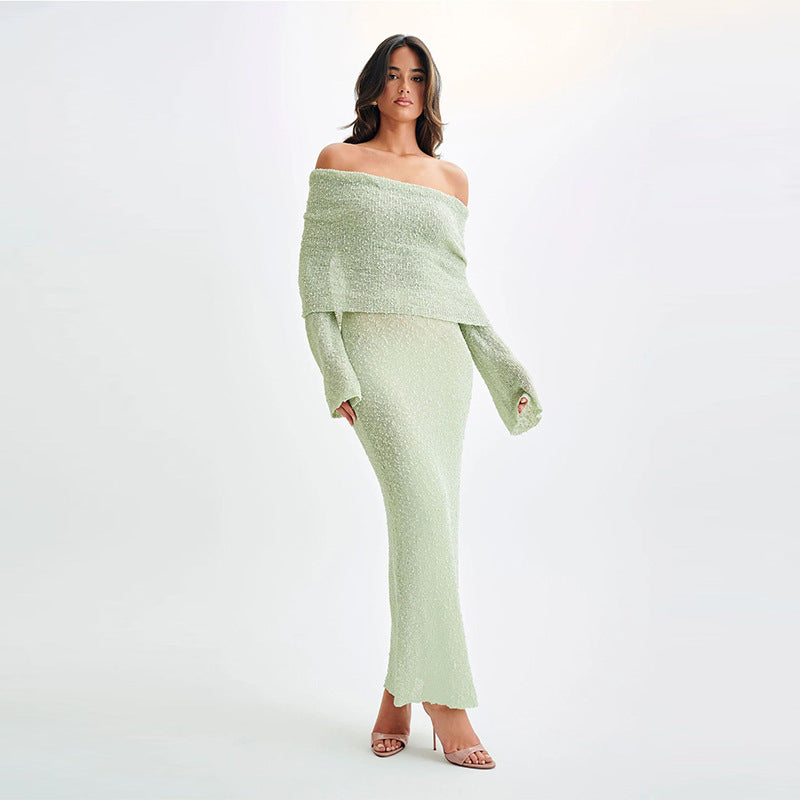 New One-Shoulder Knitted Long-Sleeved Dress Sexy Beach Holiday Long Dresses Womens Clothing