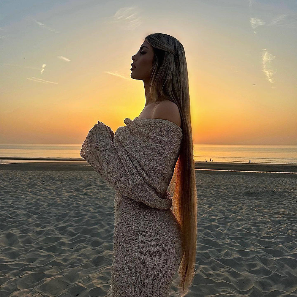 New One-Shoulder Knitted Long-Sleeved Dress Sexy Beach Holiday Long Dresses Womens Clothing
