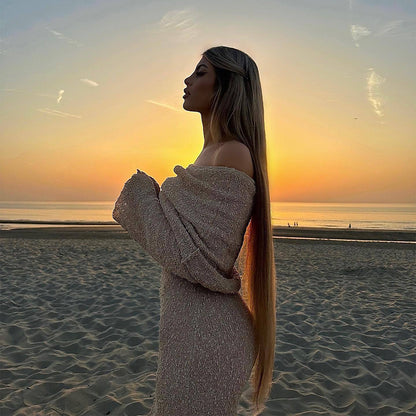 New One-Shoulder Knitted Long-Sleeved Dress Sexy Beach Holiday Long Dresses Womens Clothing