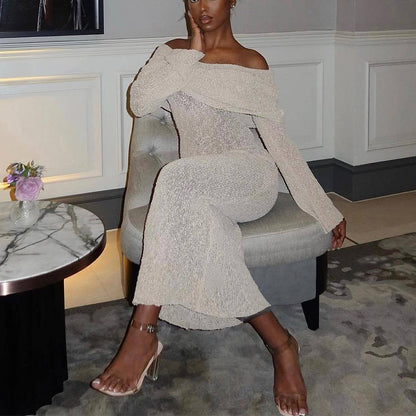 New One-Shoulder Knitted Long-Sleeved Dress Sexy Beach Holiday Long Dresses Womens Clothing