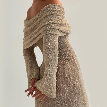 New One-Shoulder Knitted Long-Sleeved Dress Sexy Beach Holiday Long Dresses Womens Clothing