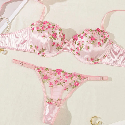 Summer Young Girls Floral Lingerie Hot Transparent Cheap Pink Lingerie Set Sexy Two Piece Bras Panty Brief Sets