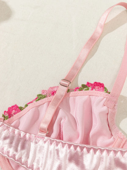 Summer Young Girls Floral Lingerie Hot Transparent Cheap Pink Lingerie Set Sexy Two Piece Bras Panty Brief Sets