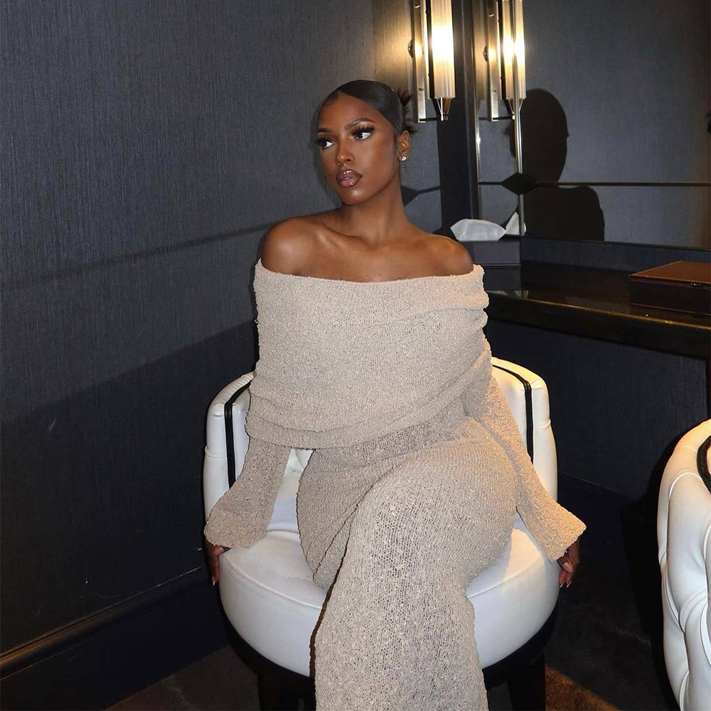 New One-Shoulder Knitted Long-Sleeved Dress Sexy Beach Holiday Long Dresses Womens Clothing