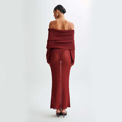 New One-Shoulder Knitted Long-Sleeved Dress Sexy Beach Holiday Long Dresses Womens Clothing