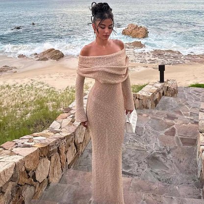 New One-Shoulder Knitted Long-Sleeved Dress Sexy Beach Holiday Long Dresses Womens Clothing