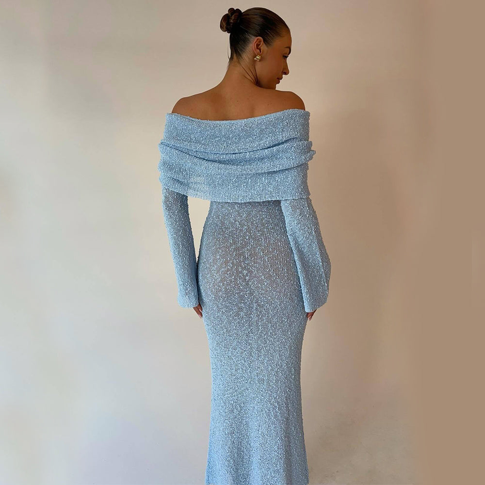 New One-Shoulder Knitted Long-Sleeved Dress Sexy Beach Holiday Long Dresses Womens Clothing
