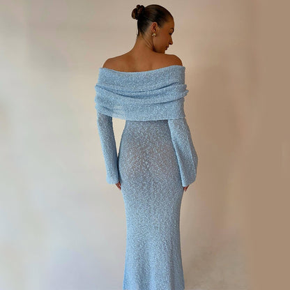 New One-Shoulder Knitted Long-Sleeved Dress Sexy Beach Holiday Long Dresses Womens Clothing