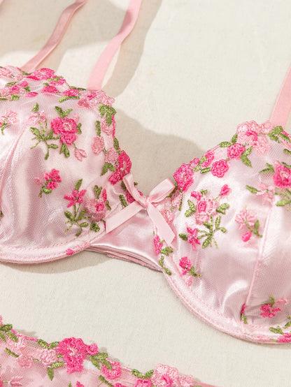 Summer Young Girls Floral Lingerie Hot Transparent Cheap Pink Lingerie Set Sexy Two Piece Bras Panty Brief Sets
