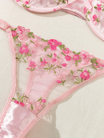 Summer Young Girls Floral Lingerie Hot Transparent Cheap Pink Lingerie Set Sexy Two Piece Bras Panty Brief Sets